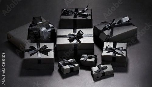 black gift boxes arranged on dark background black friday discounts concept