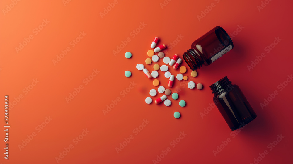 Top view with copy space, medicine bottle and scattered pills on color background Top view with copy space, medicine bottle and scattered pills on color background