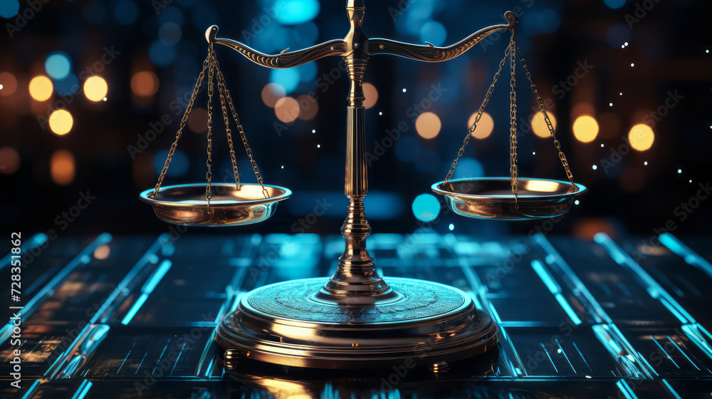 Scales of justice in a futuristic cyber world, symbolizing law, order, and legal technology in a digital era with blue neon lights and abstract data background - obrazy, fototapety, plakaty 