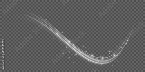 Festive decoration in the form of luminous flying wind surrounded by light dust and white speed lines. Light effect for ceremonies, awards, prizes, motivations, invitations, banners, cards, videos.