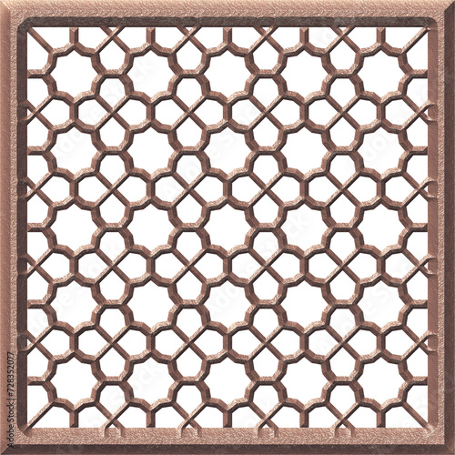 Arabic geometric pattern. Islamic ornament mashrabiya panel. Wall screen. Islamic window frame. 3d bronze grill isolated on white  background. Artistic metal casting. Isolated illustration