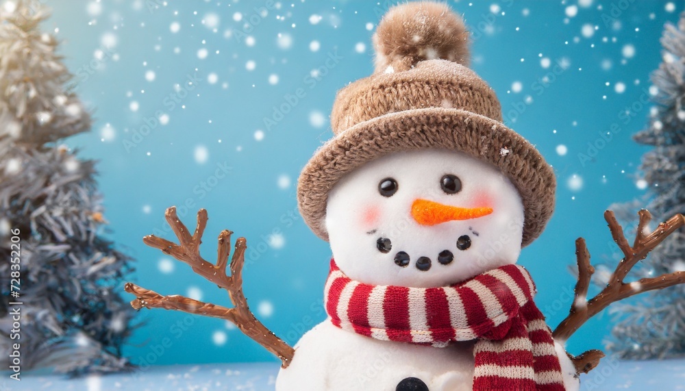 Fototapeta premium happy jolly snowman on blue background ai generated