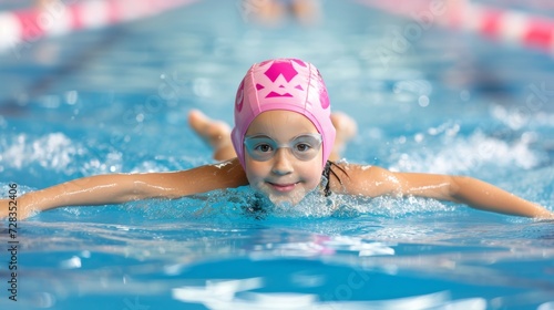 Close up of young girl swimming in pool, child swimmer enjoying practice in clear blue water