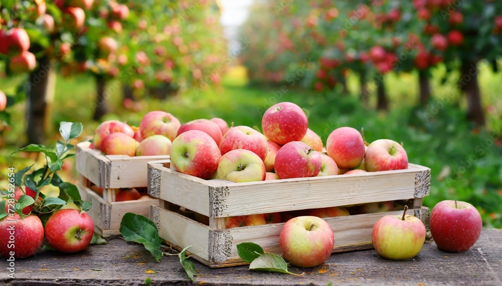 ripe organic apples in a wooden boxes on the background of an apple orchard ripe organic apples in a wooden boxes on the background of an apple orchard
