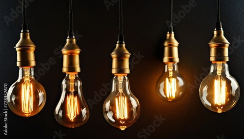 set of vintage glowing light bulbs on black background