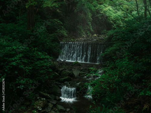 Japanese two-tiered waterfall surrounded by greenery