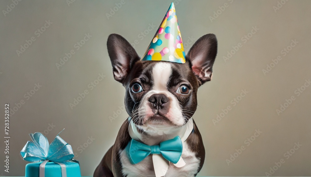 creative animal concept boston terrier dog puppy in party cone hat necklace bowtie outfit on solid pastel background advertisement copy text space birthday party invite invitation