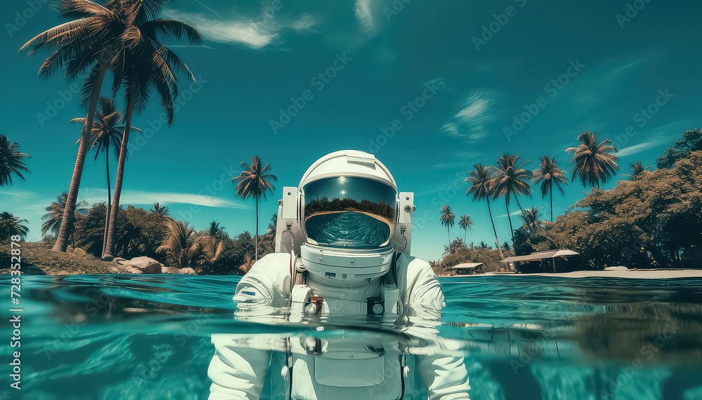 Astronaut in the tropics at sea in neon color ,spring concept - obrazy, fototapety, plakaty 