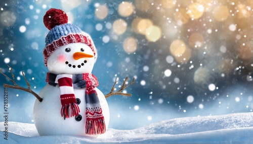 winter holiday christmas background banner with cute funny laughing snowman with wool hat and scarf on snowy snow snowscape and bokeh light