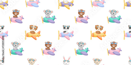 Cute little animals fly on plane seamless childish pattern. Funny cartoon animal character for fabric, wrapping, textile, wallpaper, apparel. Vector illustration