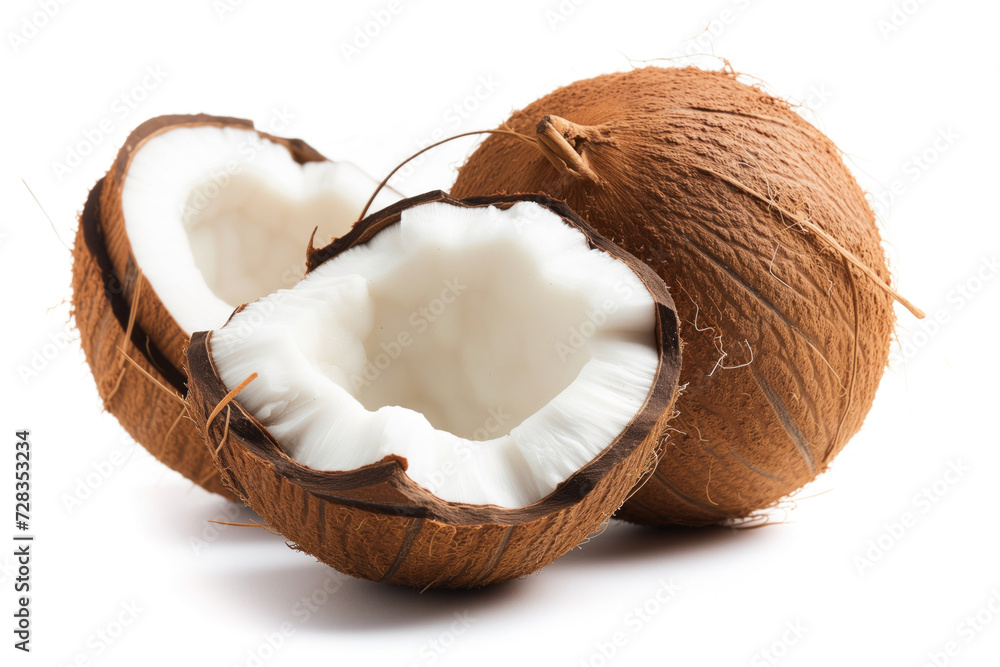 Close-up image showcasing fresh coconut halves and a whole coconut, highlighting the contrast between the rough brown exterior and the smooth white interior. Close-up image showcasing fresh coconut halves and a whole coconut, highlighting the contrast between the rough brown exterior and the smooth white interior.