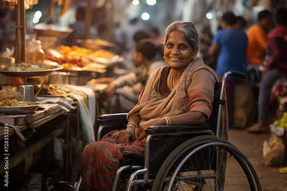 Obraz premium disabled Indian woman in a wheelchair at the market