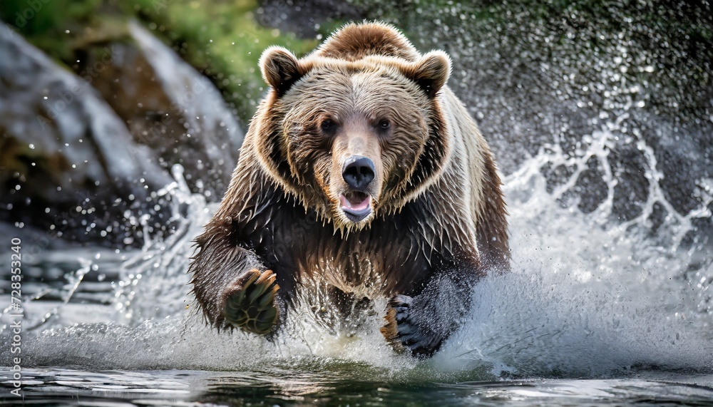 angry grizzly bear in rage sprinting in water towards camera angry grizzly bear in rage sprinting in water towards camera