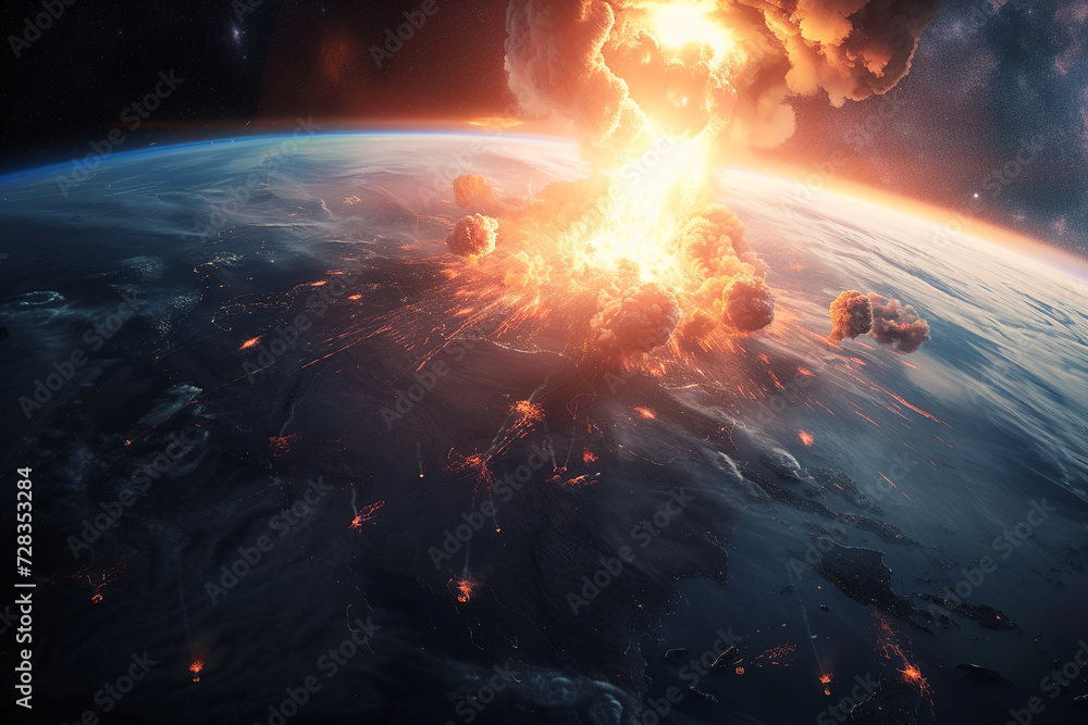 giant asteroid has hit the blue earth, realism style, surrealistic elements, sci-fi scene giant asteroid has hit the blue earth, realism style, surrealistic elements, sci-fi scene
