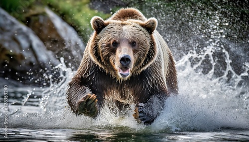 angry grizzly bear in rage sprinting in water towards camera © Debbie