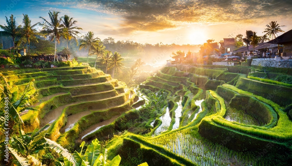 beautiful sunrise over famous balinese landmark tegalalang rice terraces magic sun rays amazing light welcome to bali travel concept