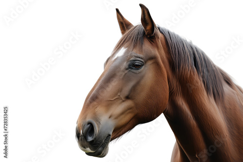 A close-up profile of a majestic brown horse  showcasing its strong features and beautiful coat against a white background