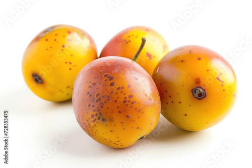 A stock image showing a marula fruit, isolated on a white background. This exotic African fruit is known for its nutritious value and is often used in food and skincare products.