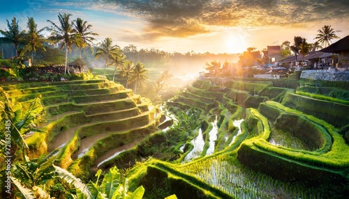 beautiful sunrise over famous balinese landmark tegalalang rice terraces magic sun rays amazing light welcome to bali travel concept photo