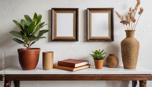 minimalistic home decor of interior with two brown wooden mock up photo frames on the white shelf with books beautiful plant in stylish pot and home accessories white wall