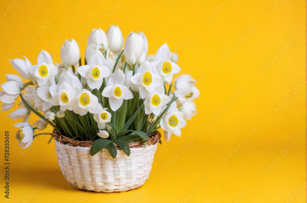 beautiful spring flowers narcissus in a basket on yellow background