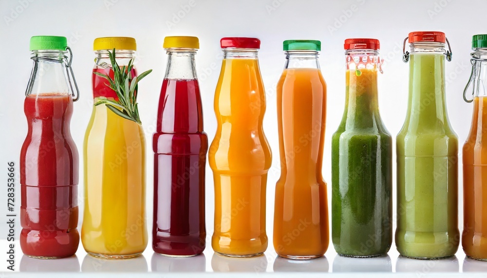 set with plastic bottles of different juices on white background set with plastic bottles of different juices on white background