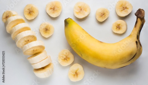 banana slice cut bananas on white set of banana slices and a whole on white background