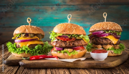 tasty burgers on wooden table