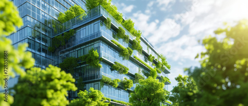 Modern Eco-Friendly Building with Vertical Gardens, Contemporary building featuring vertical gardens on balconies, blending urban architecture with green living spaces.
