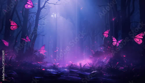 Magic Night Forest and Butterflies in neon color ,spring concept