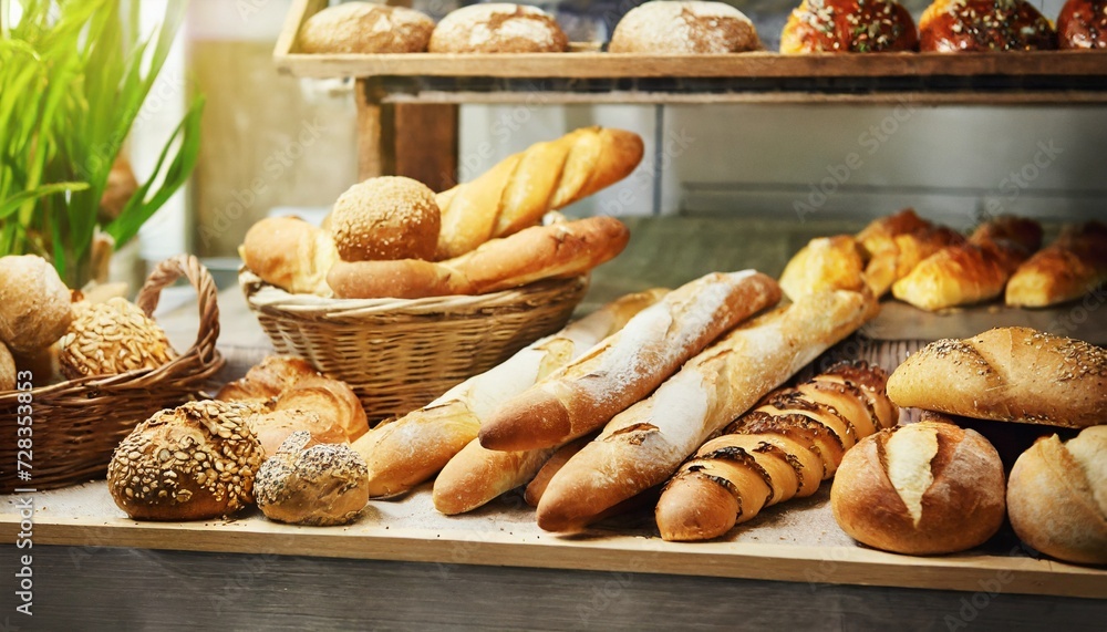bread and baguette and rolls in bakery