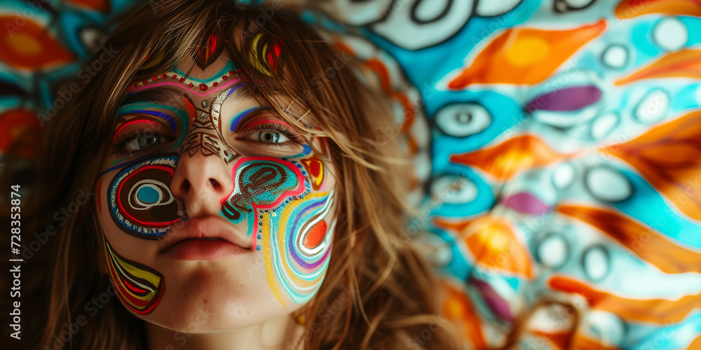 young caucasian hippie woman with colorful painted makeup, eclectic, earthcore style, close up portrait