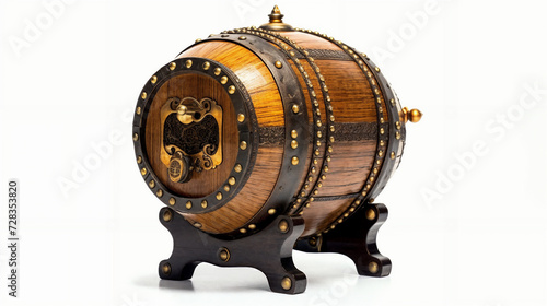 a wooden barrel with a metal handle and a decorative decoration on the top of it, on a stand, generative ai
