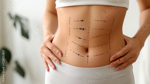 Overweight woman s belly with fat pad and markers for plastic surgery   obesity concept. photo