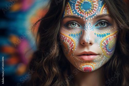 young caucasian hippie woman with colorful painted makeup, eclectic, earthcore style, close up portrait