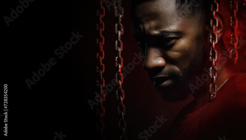 Man with chains on red background , black history month