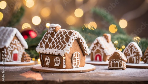 beautiful and cozy christmas background close up of gingerbread houses on table over lights blurred backdrop