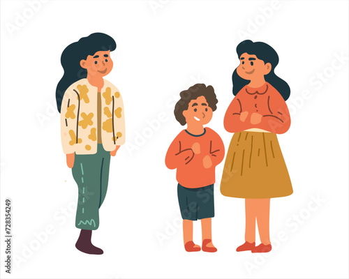 Happy little children, two girls and a boy, friends, vector cartoon illustration
