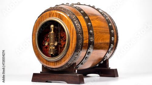 a wooden barrel with a clock inside of it on a stand on a white background with a white background, generative ai