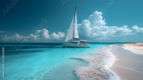 A catamaran  with pristine beaches as the background  during a leisurely cruise