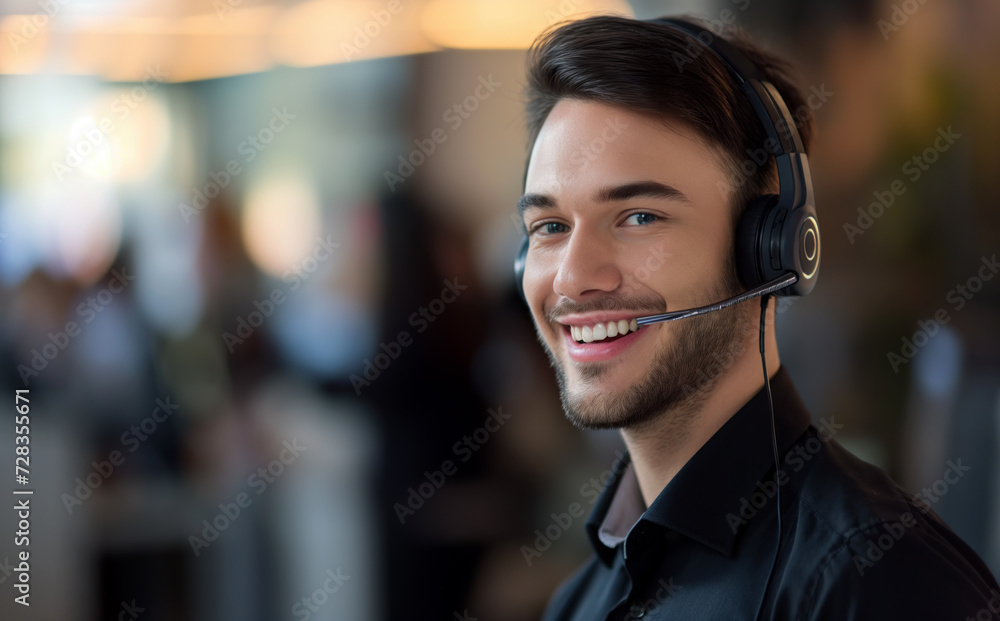 Man operator talking with headset on desk at work. Call center. Man operator talking with headset on desk at work. Call center.