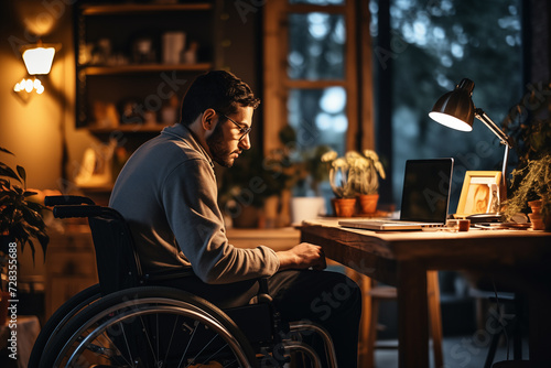 A disabled freelancer man works on a laptop