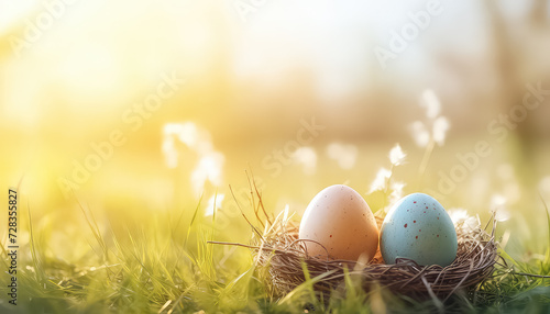 Eggs in pastel colors at sunset on a field, easter concept