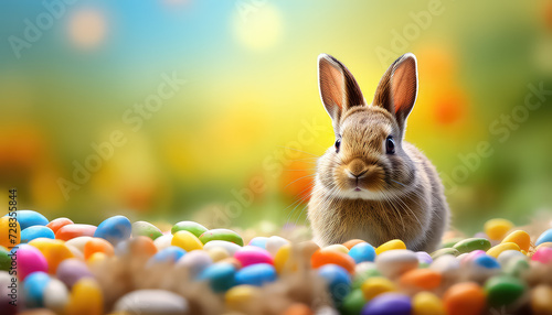 A hare among colorful candies or eggs, easter concept