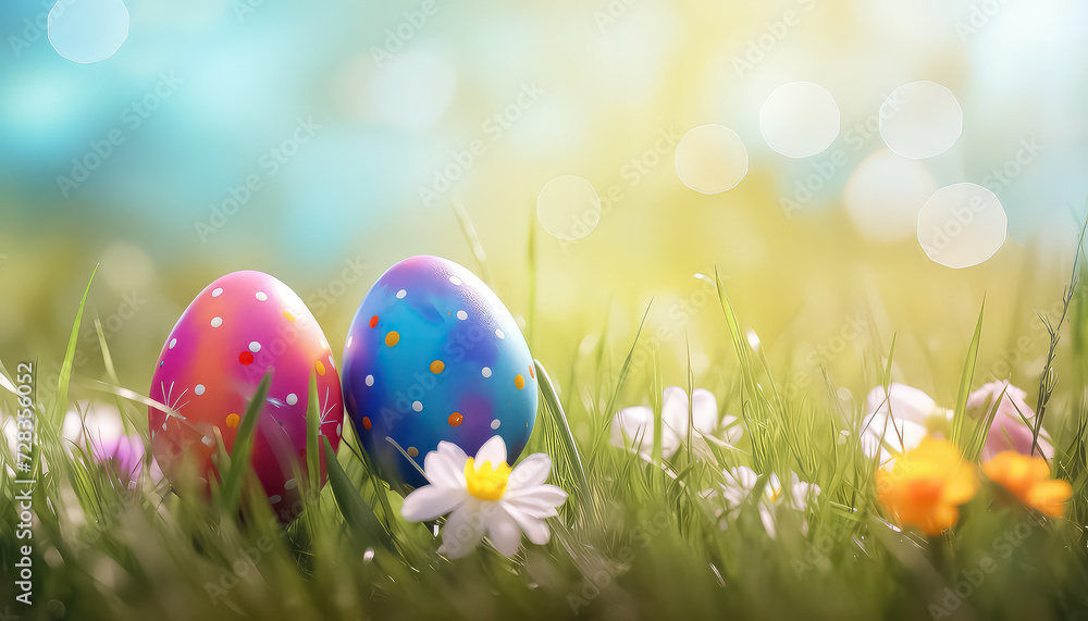 Painted eggs on the grass , easter concept