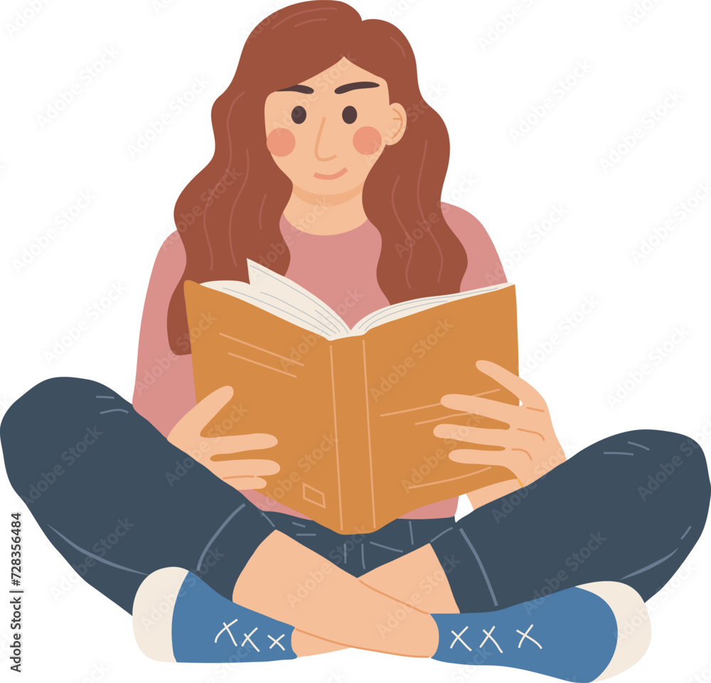 Sitting Woman Student Reading Book Character Illustration Graphic Cartoon Art Sitting Woman Student Reading Book Character Illustration Graphic Cartoon Art