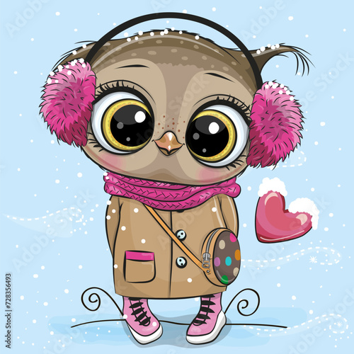 Cartoon Owl in a ear muffs and Coat