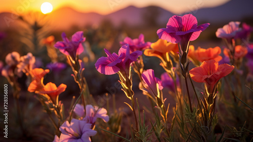 A field of blooming flowers in a desert, resilience, contrast, Ultra Realistic, National Geographic, 