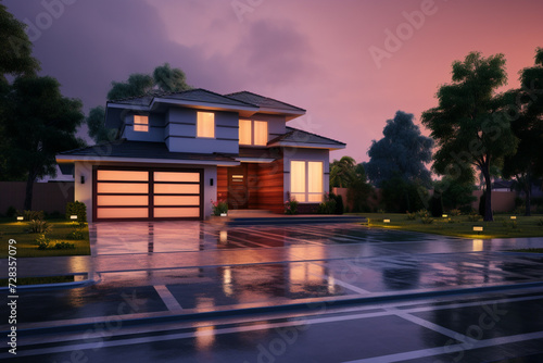 a home in the rain with big driveway at sunset, in the style of dark brown and navy, american consumer culture, light gray and pink, 32k uhd, masonry construction, light amber and sky-blue,  © lahiru