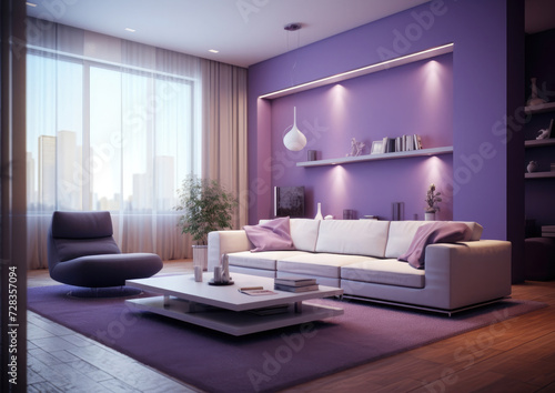 Modern living room purple.High-tech ambiance of a living room.